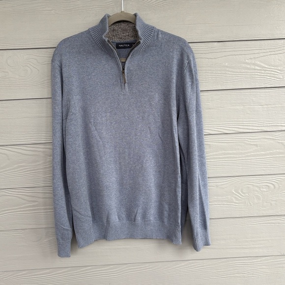 Nautica Men’s 1/4Zip Sweater Light Blue Cotton Size Large Classic Knit Pullover - Picture 1 of 7